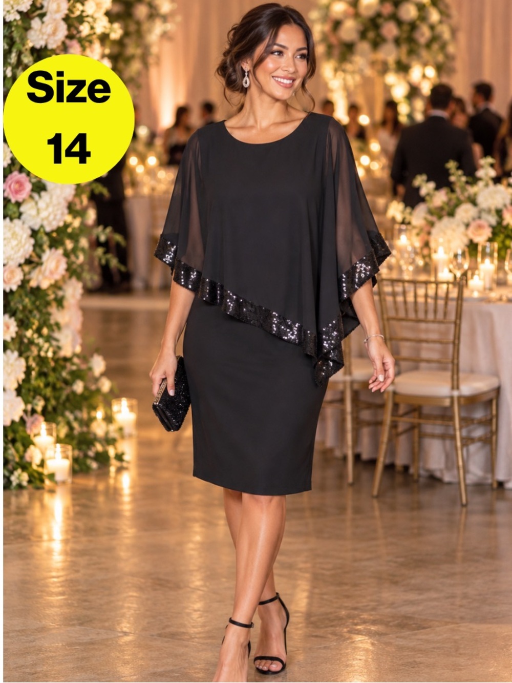 MSK 🖤 Black Sleeveless Midi Dress, Sheer Cape, Formal Sequins Hem (Women’s 14)